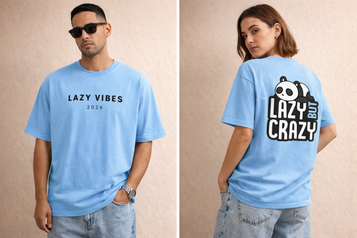 Lazy Vibes 2026 Oversized Streetwear T-Shirt – Sky Blue | Retro Collars