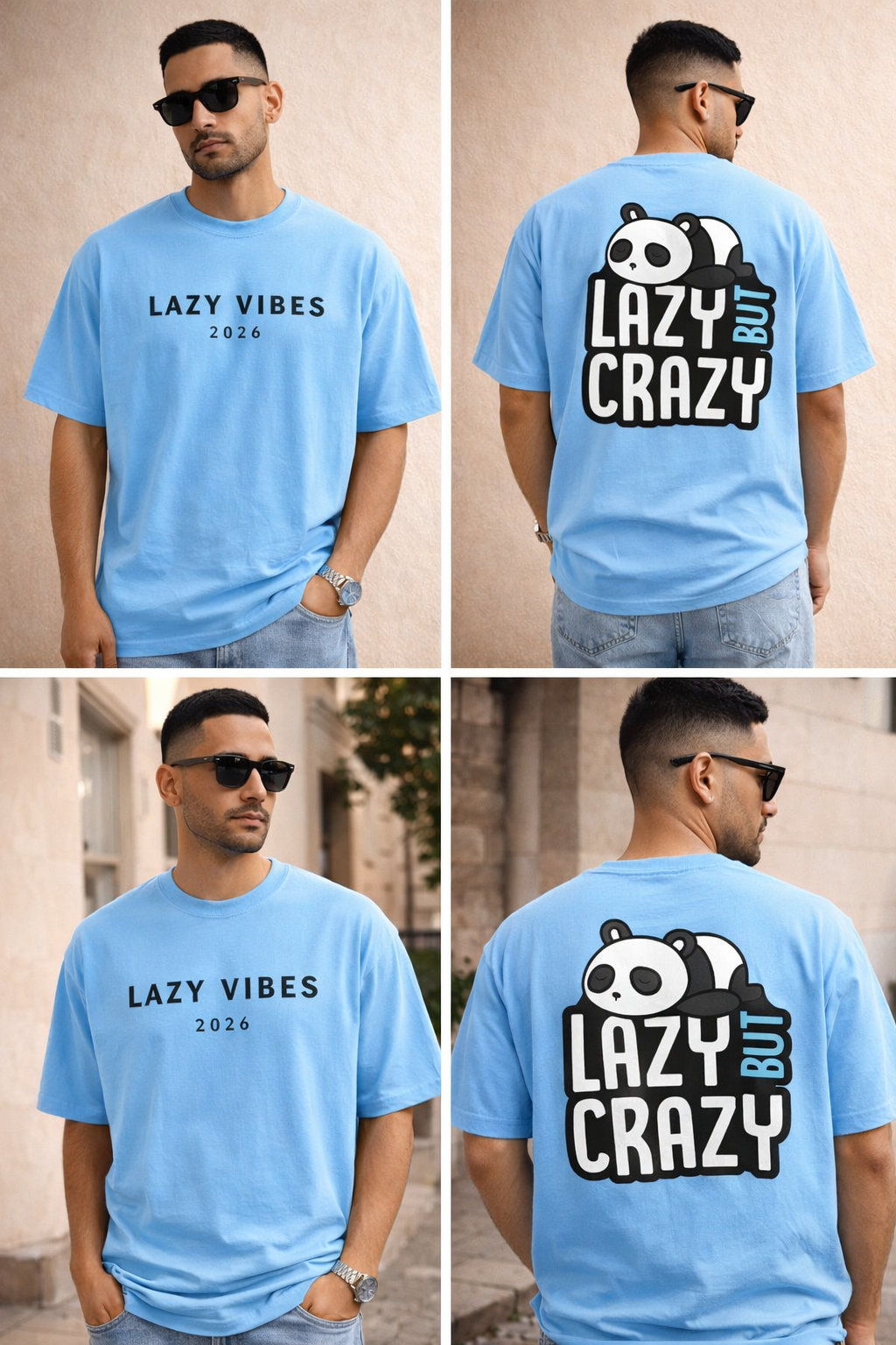 Lazy Vibes 2026 Oversized Streetwear T-Shirt – Sky Blue | Retro Collars